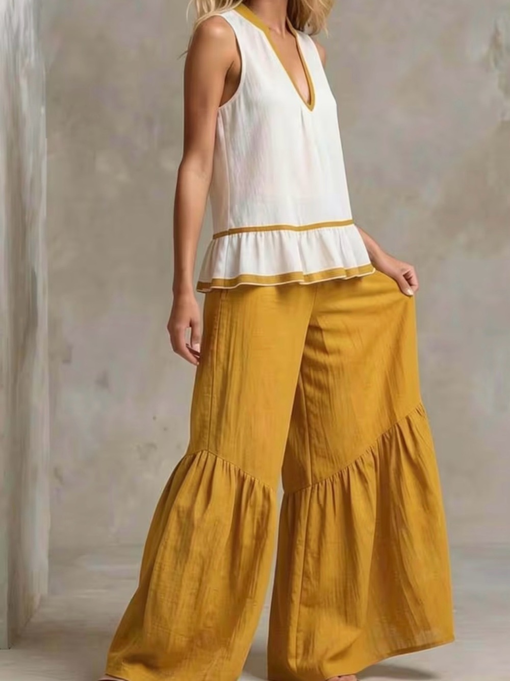 Wide-Leg Mustard Tiered Palazzo Pants for Women